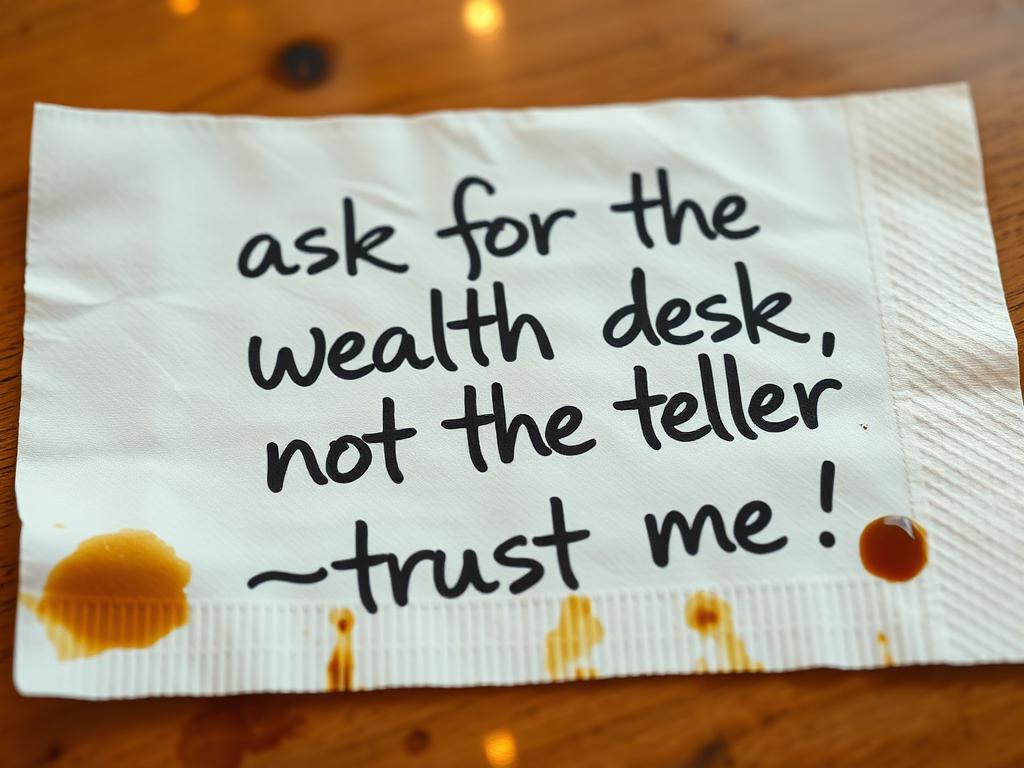 Handwritten note: ask for the wealth desk